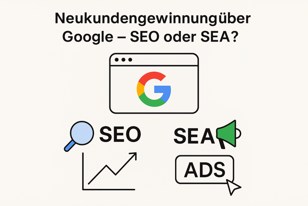 Moderne minimalistische Headline-Grafik zum Vergleich von SEO und SEA zur Neukundengewinnung über Google