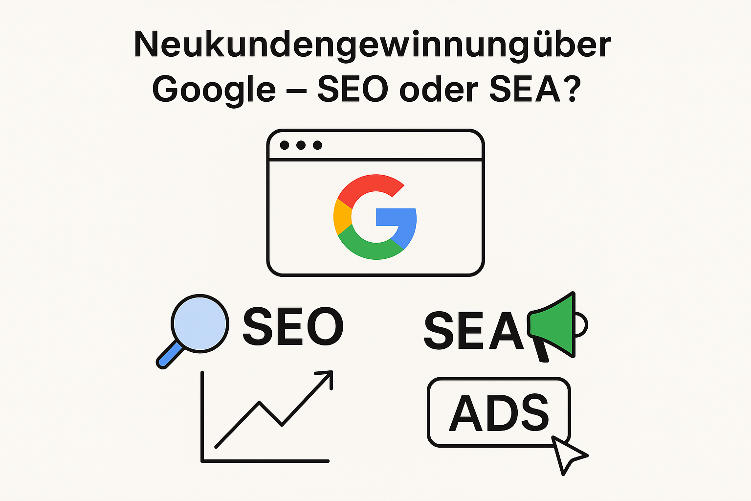 Moderne minimalistische Headline-Grafik zum Vergleich von SEO und SEA zur Neukundengewinnung über Google