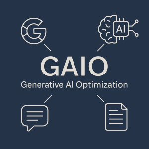 Minimalistische Grafik mit Symbolen für GAIO – Generative AI Optimization im Kontext von KI-Suchmaschinen