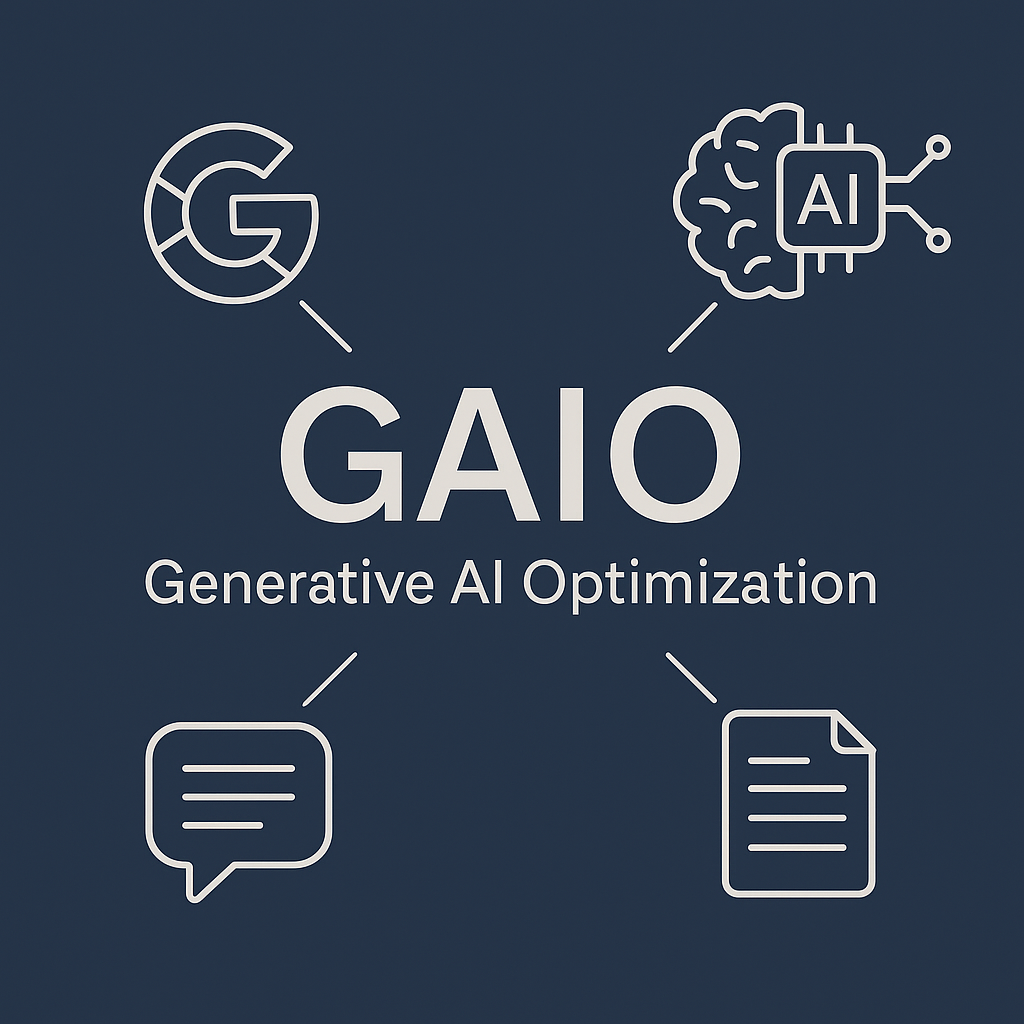 Minimalistische Grafik mit Symbolen für GAIO – Generative AI Optimization im Kontext von KI-Suchmaschinen