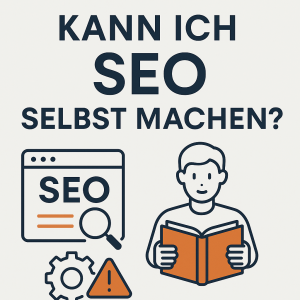 Minimalistische Grafik mit Symbolen für SEO, Selbstlernen und technische Herausforderungen