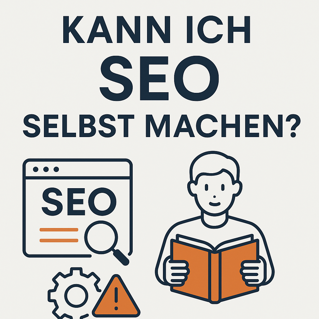 Minimalistische Grafik mit Symbolen für SEO, Selbstlernen und technische Herausforderungen