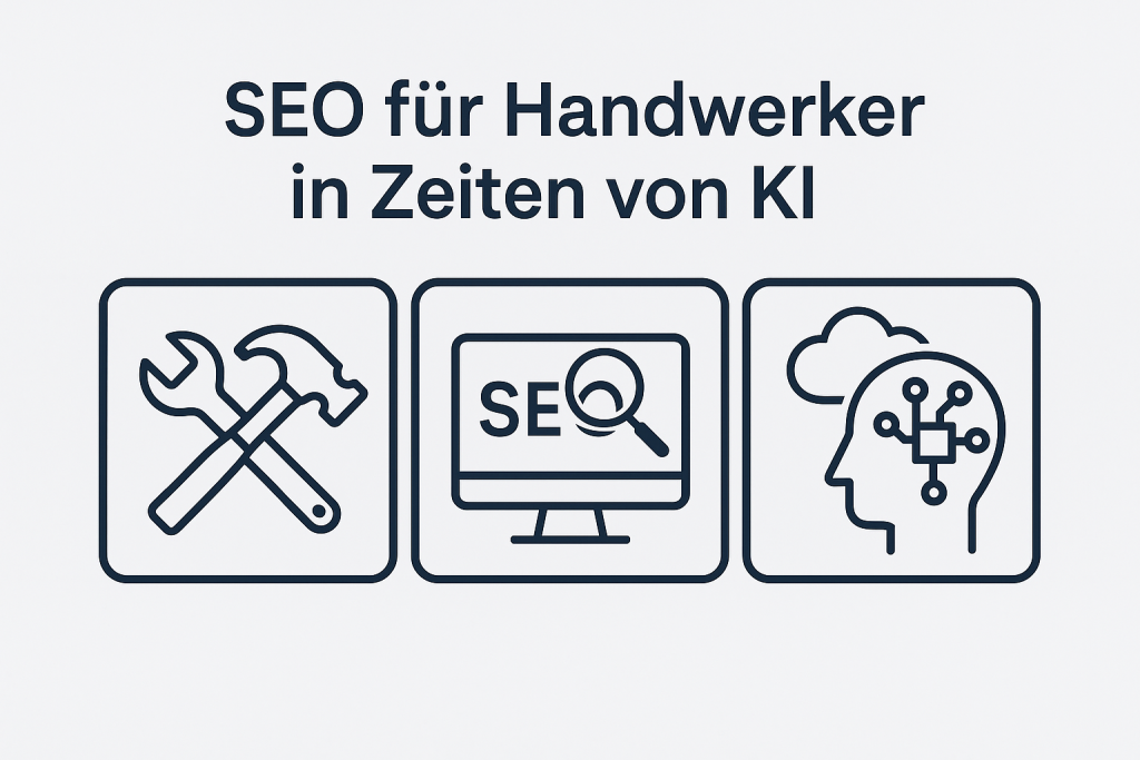 Handwerker-Symbole mit Digital- und KI-Elementen, Verbindung von traditionellem Handwerk und moderner SEO-Technologie