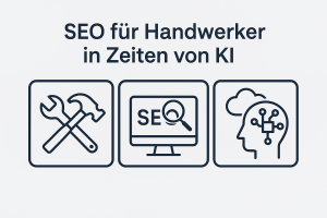 Handwerker-Symbole mit Digital- und KI-Elementen, Verbindung von traditionellem Handwerk und moderner SEO-Technologie