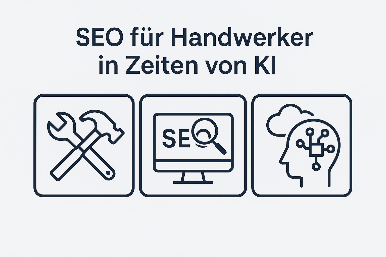 Handwerker-Symbole mit Digital- und KI-Elementen, Verbindung von traditionellem Handwerk und moderner SEO-Technologie
