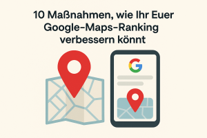 Grafik mit Google Maps Pin, Karte und Smartphone – Symbol für lokales Ranking und Sichtbarkeit auf Google