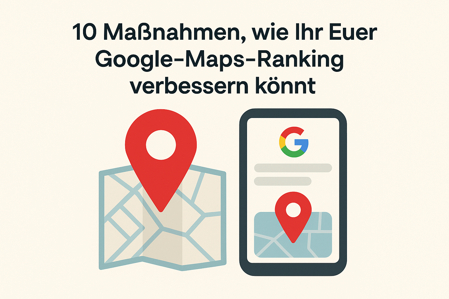 Grafik mit Google Maps Pin, Karte und Smartphone – Symbol für lokales Ranking und Sichtbarkeit auf Google