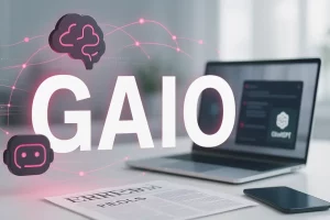 Moderne, minimalistische Headergrafik zu GAIO (Generative AI Optimization) als Zukunft des Marketings – Darstellung von KI, Marken und Datennetzwerken.